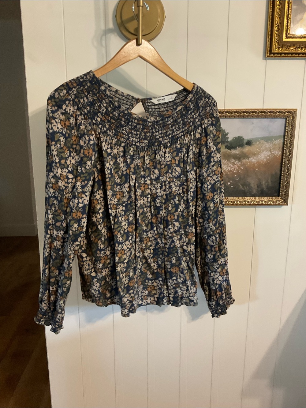 Sonoma Navy Floral Smocked Neck Blouse